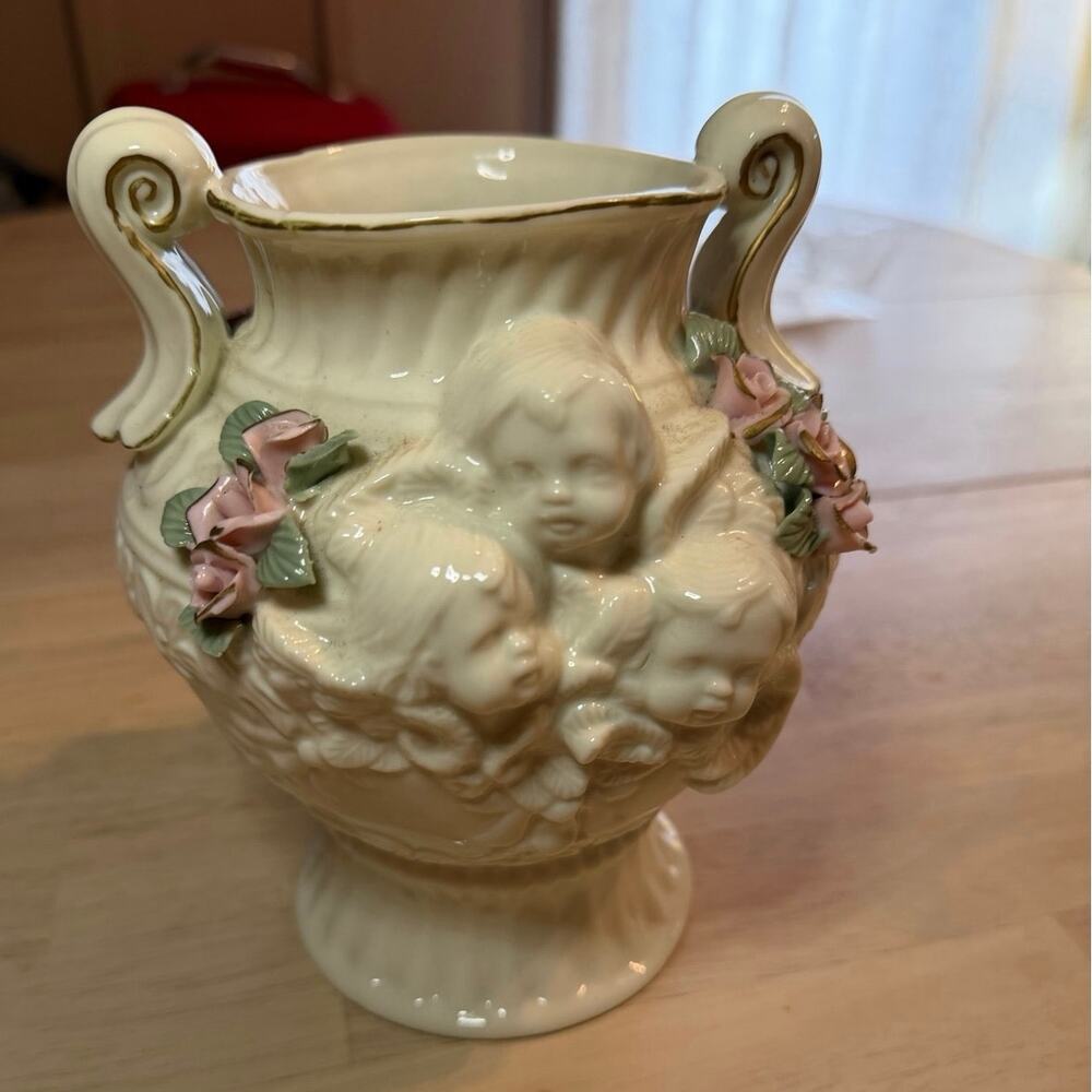 Vintage Porcelain Cherub Urn Vase Applied Roses Gold Accent 8 Inch Boho
